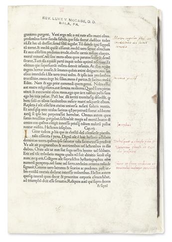 INCUNABULA  EUSEBIUS of Caesarea. Historia ecclesiastica.  1479.  Partly disbound, lacking 8 leaves.